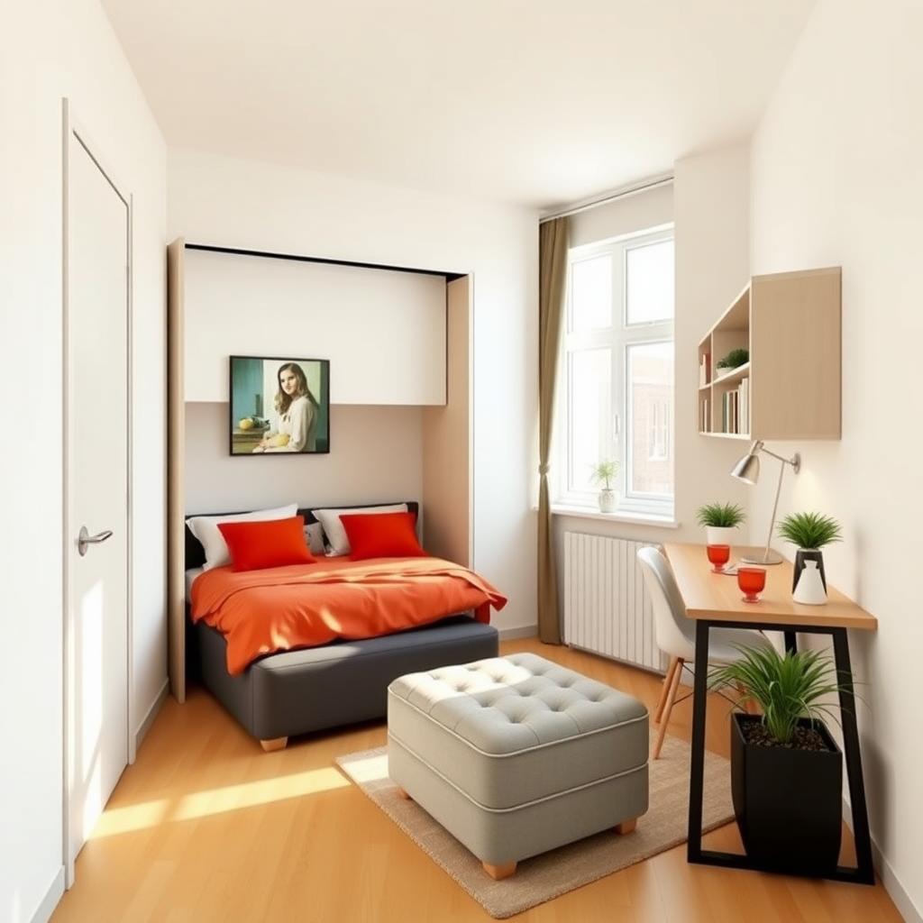 Bright studio apartment with a Murphy bed, storage ottoman, and mirror, arranged for maximum space.