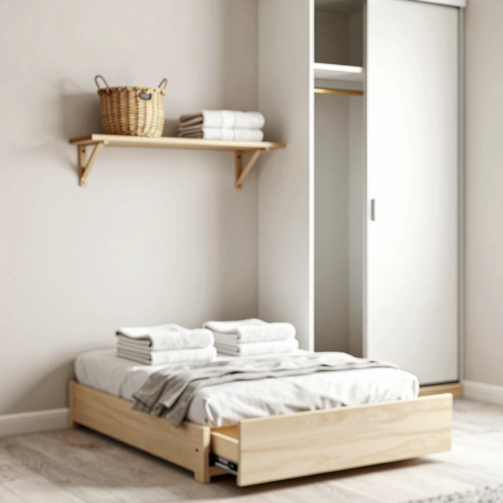 Small guest room with under-bed storage and wall-mounted shelves