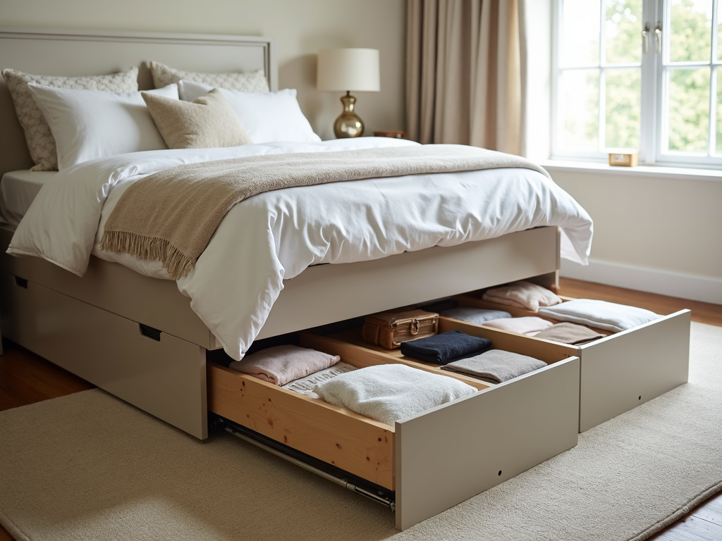 Bed with under-bed storage drawers in a bright, airy bedroom