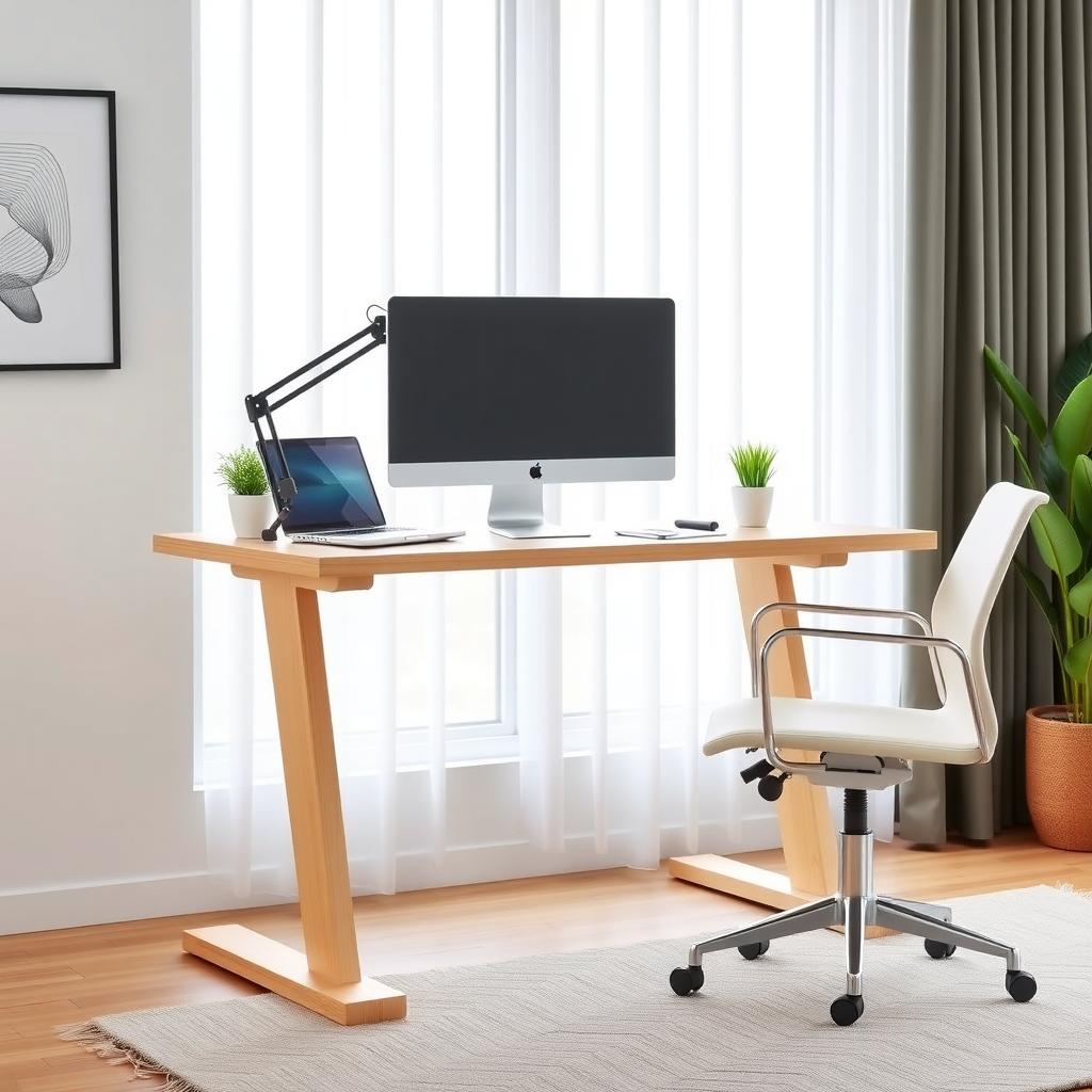Modern home office with a light wood standing desk, laptop, monitor, and ergonomic chair.