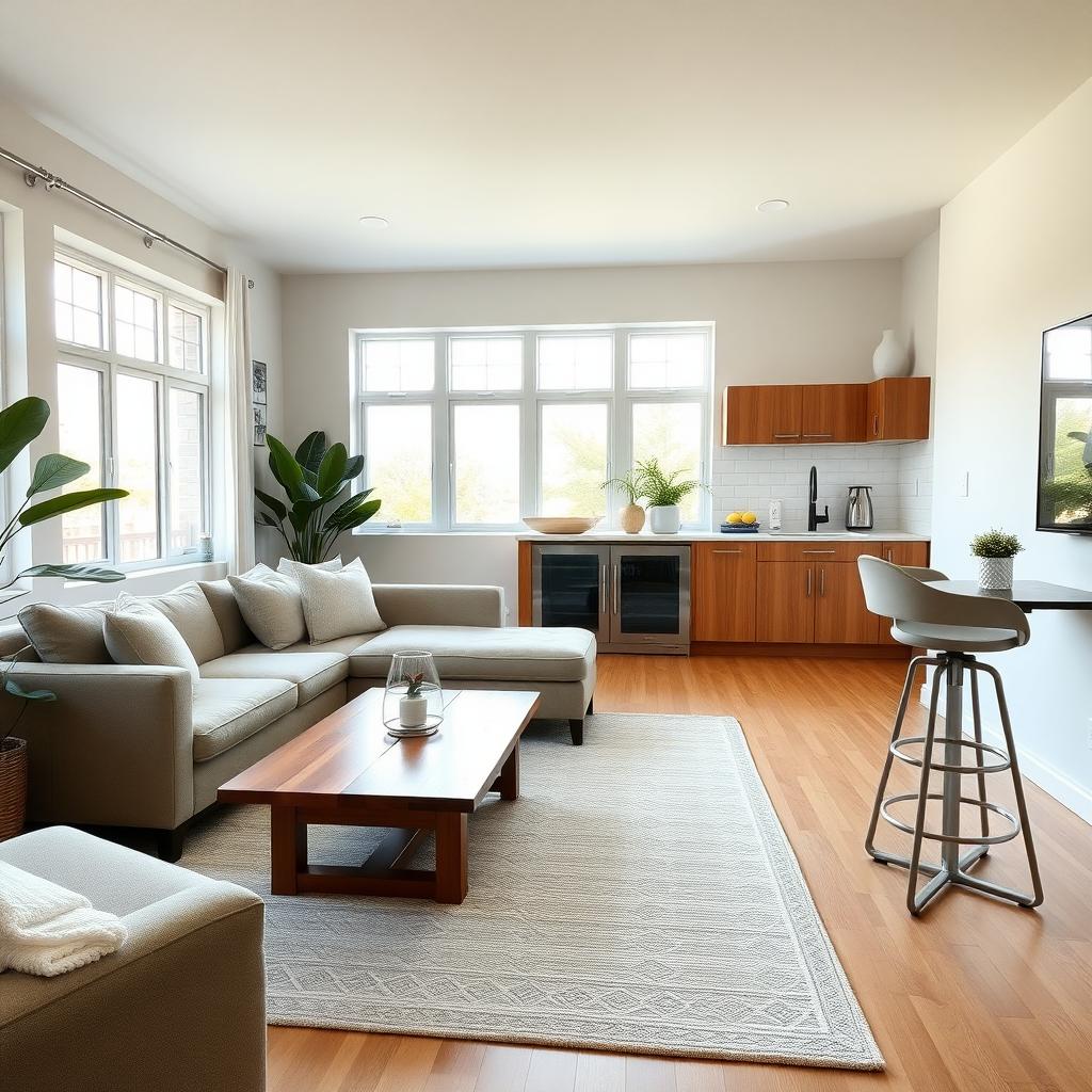 Cozy living room with a modern sectional sofa, wooden coffee table, and a bar stool at a kitchen counter.