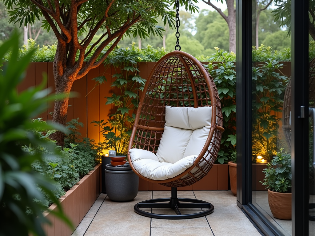 A hanging egg chair on a patio, nestled among plants and warm lights.