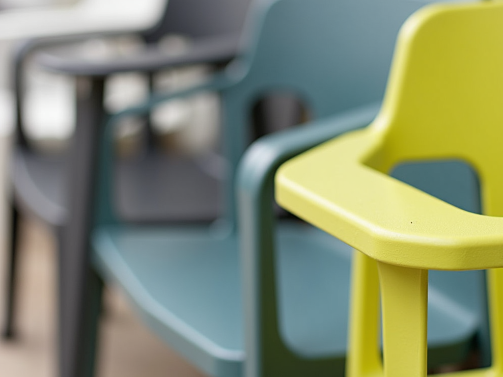 Close-up of recycled plastic patio furniture in various colors.