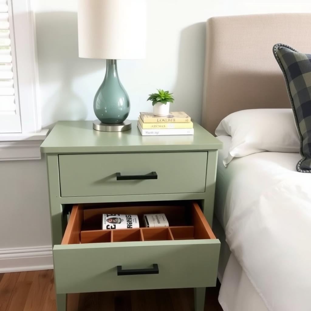Sage green upcycled nightstand with lamp and books in a modern bedroom