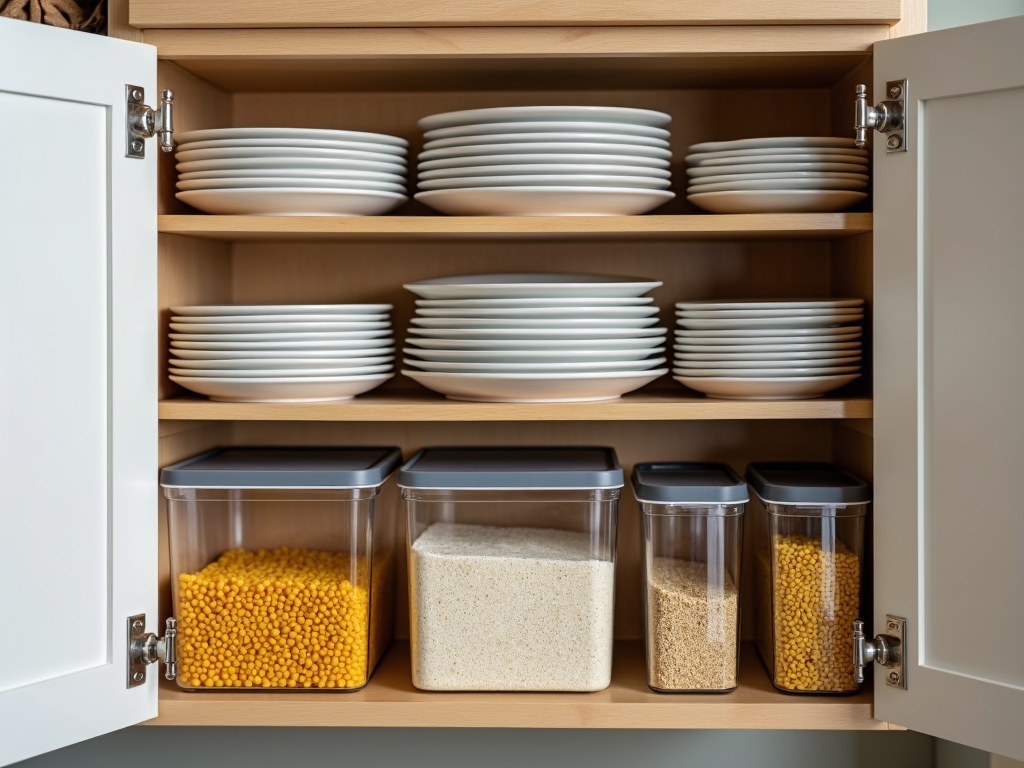 Organized kitchen cabinet with stacking shelves and clear containers