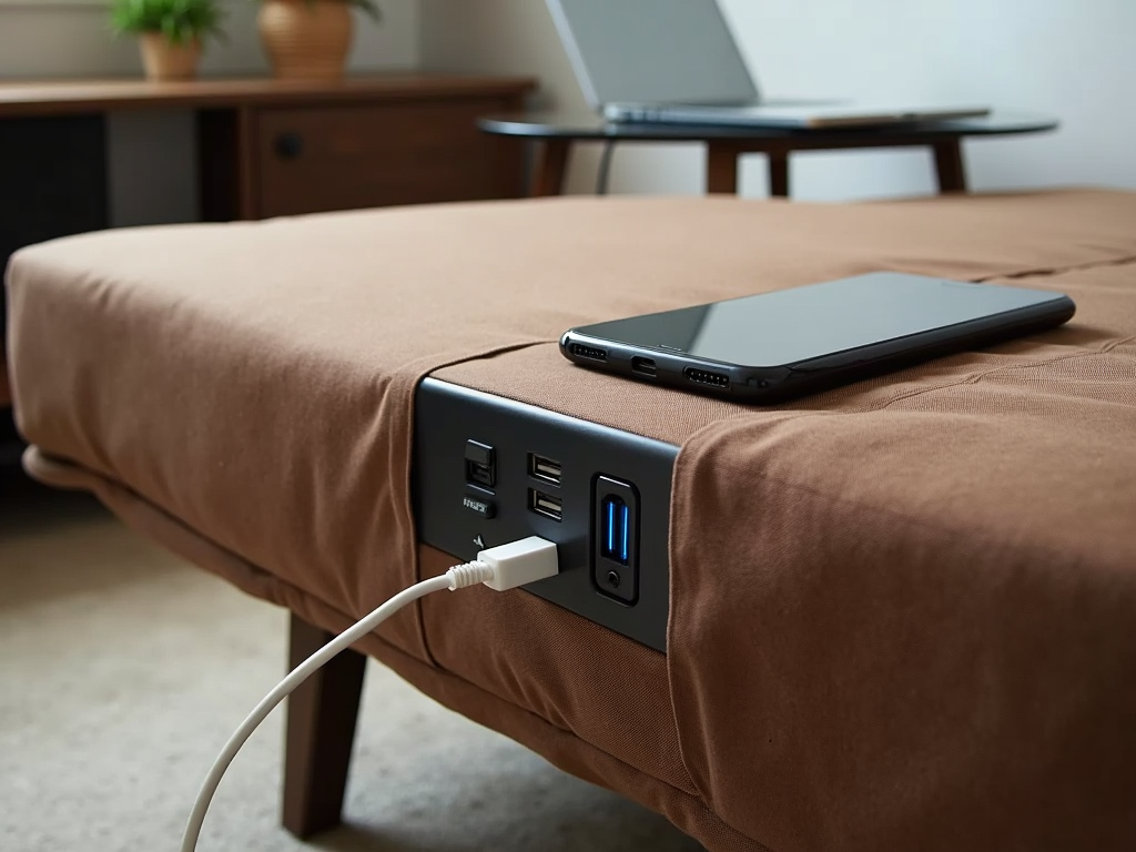 Futon with USB ports charging a phone in a modern living room