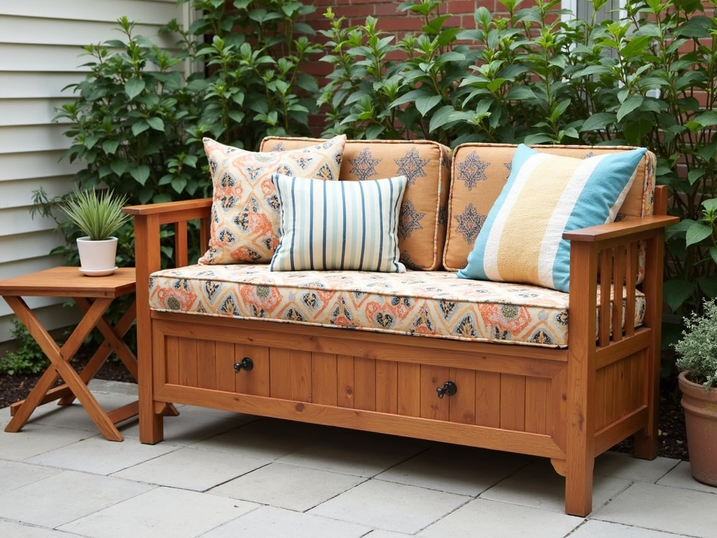 Small patio with multi-functional storage bench