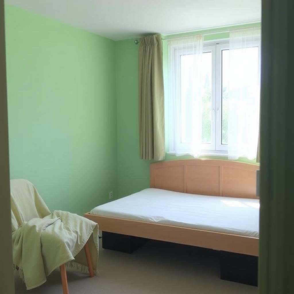 Small bedroom with pastel green walls