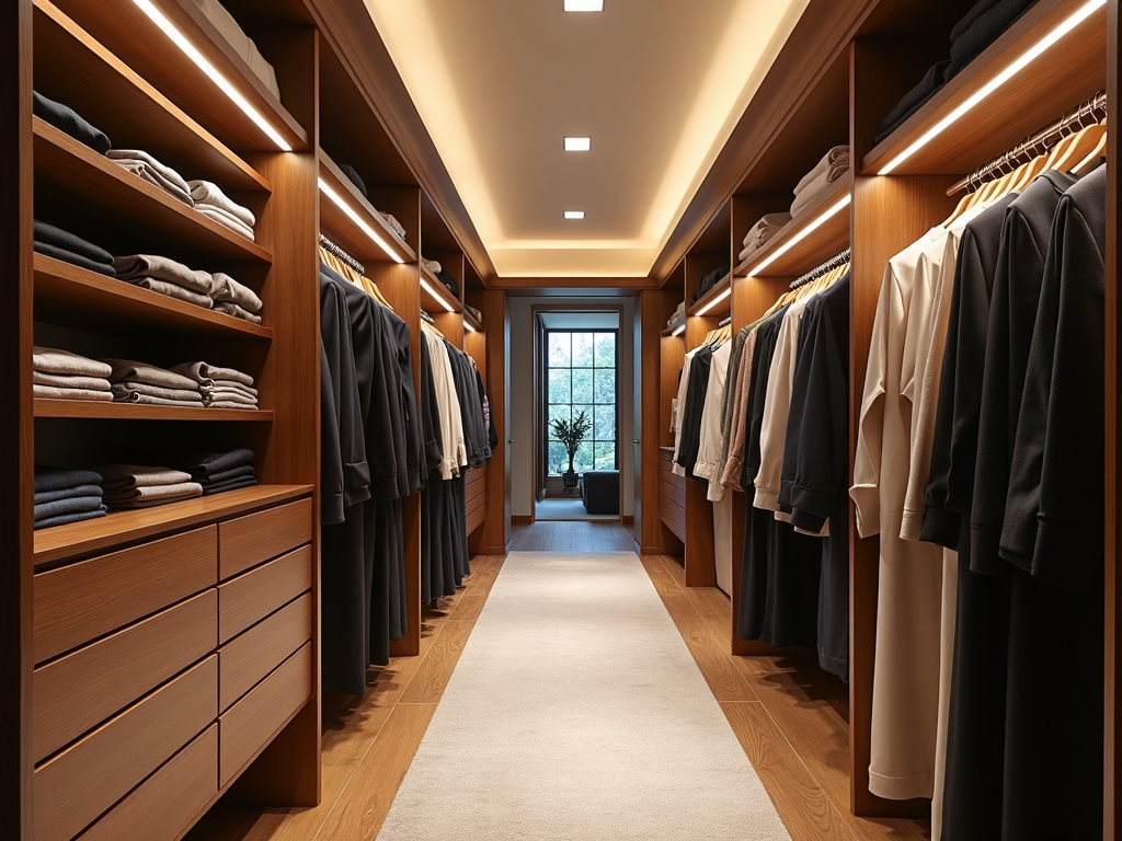 A well-lit walk-in wardrobe with custom storage, ideal for a big clothing collection.