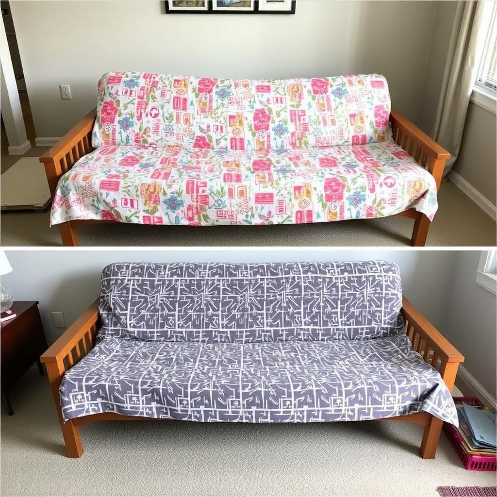 A before-and-after comparison of a futon with and without a customizable cover, highlighting the transformation.