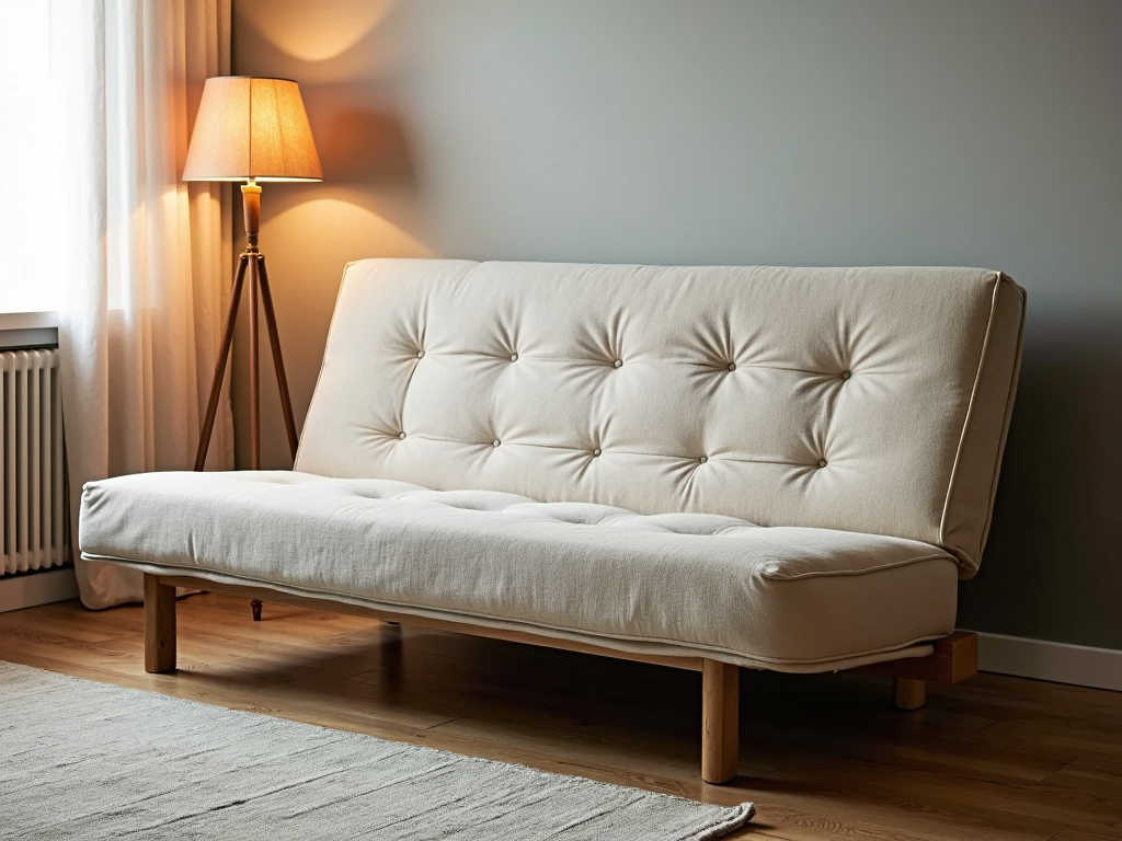 Futon with customizable cover in a cozy living room