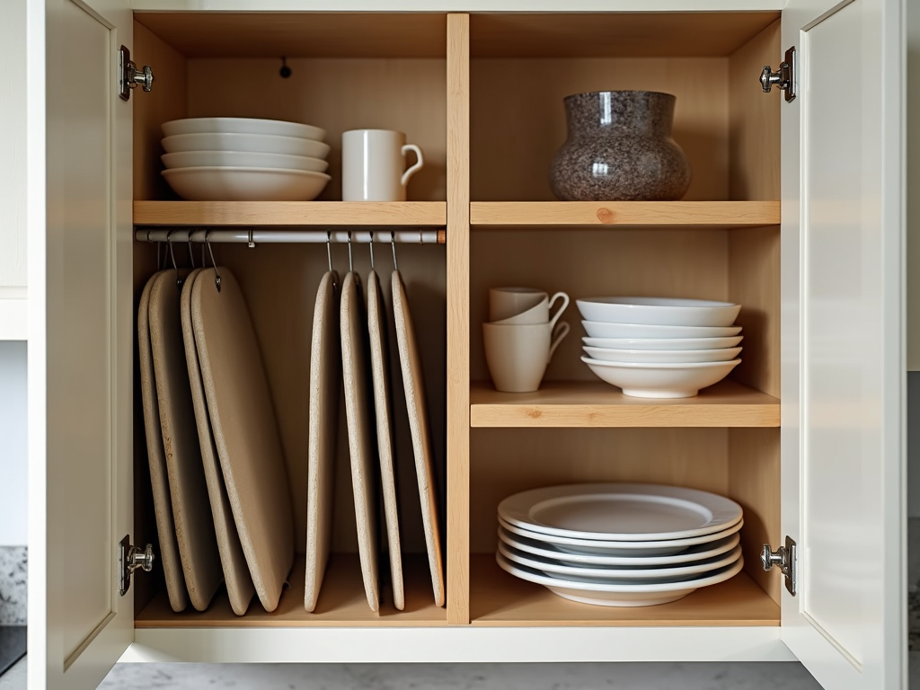 Kitchen cabinet with tension rods for storage