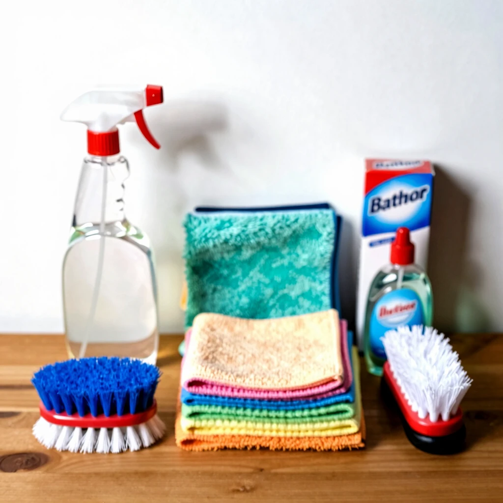 Assortment of upholstery cleaning tools and solutions on a table