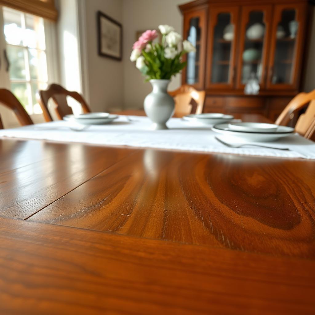 Polished walnut dining table with a white tablecloth and fresh flowers in a bright dining room.