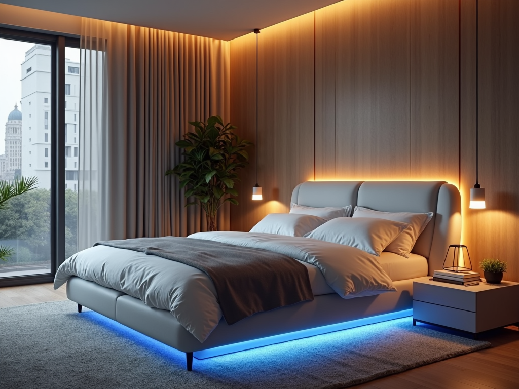 A smart bed with wireless charging and LED lighting.