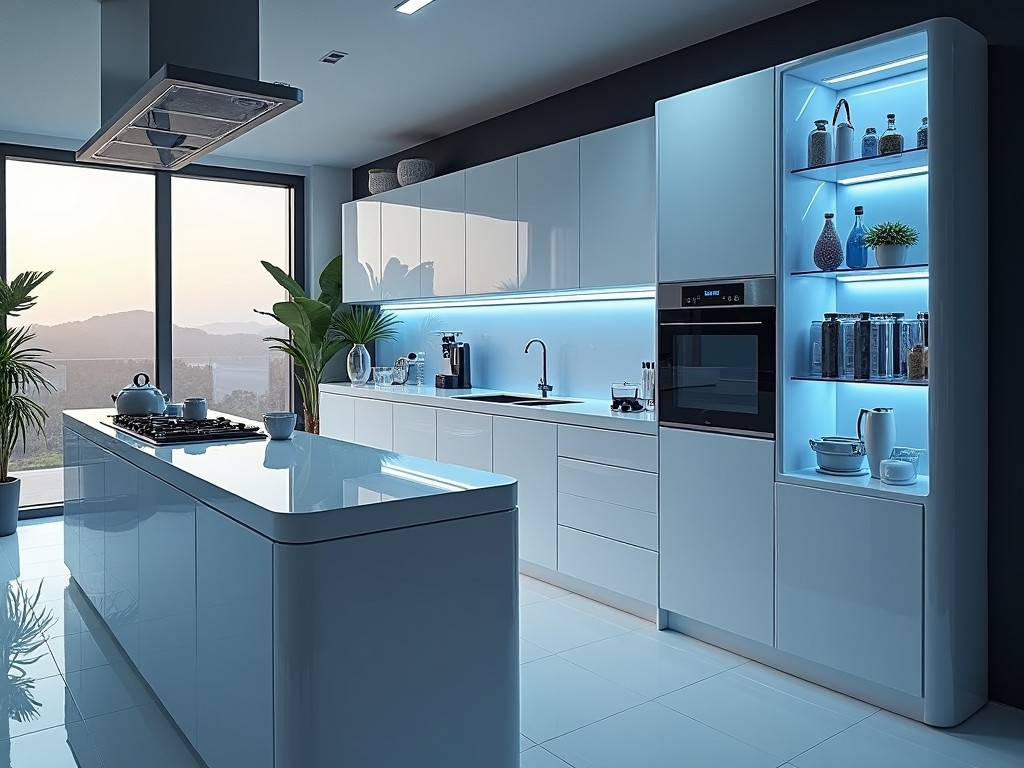 Kitchen cabinets with built-in technology like LED lighting and charging stations.