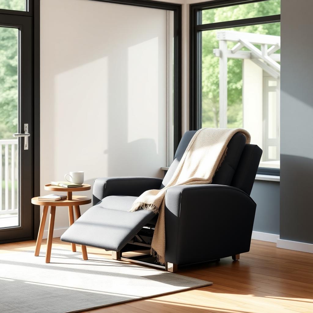 Modern living room with a dark gray power recliner near a window, featuring a side table with coffee and a book.