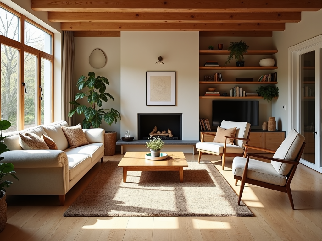 Living room with diverse wooden furniture
