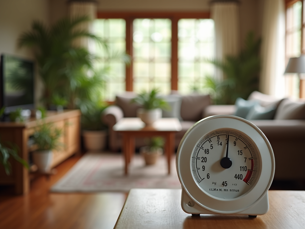 Hygrometer showing ideal humidity level in a living room