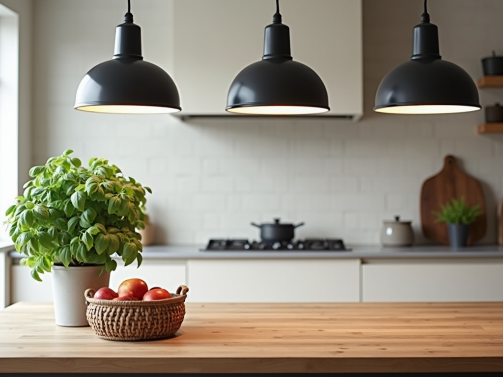 Decorated kitchen island with plants and lighting