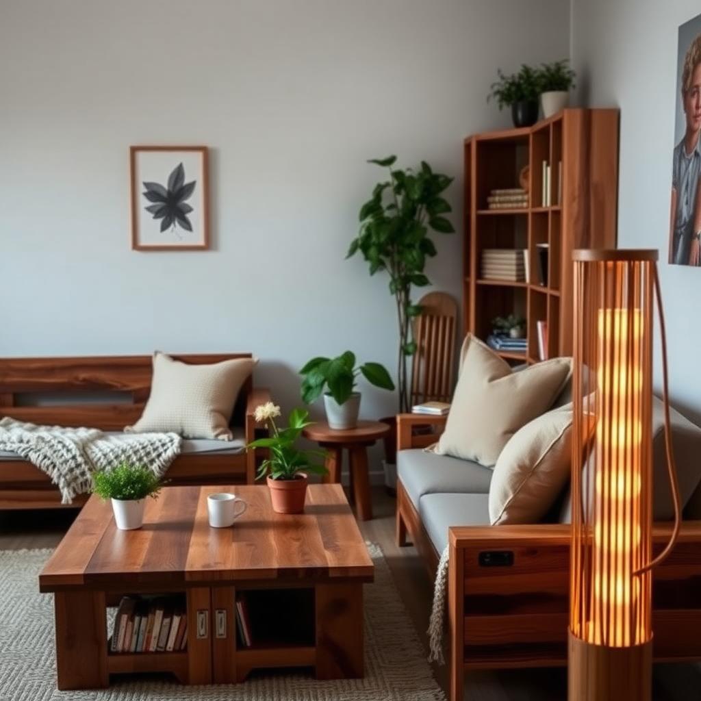Cozy living room with reclaimed wood furniture, potted plants, and a bamboo floor lamp with LED lighting.