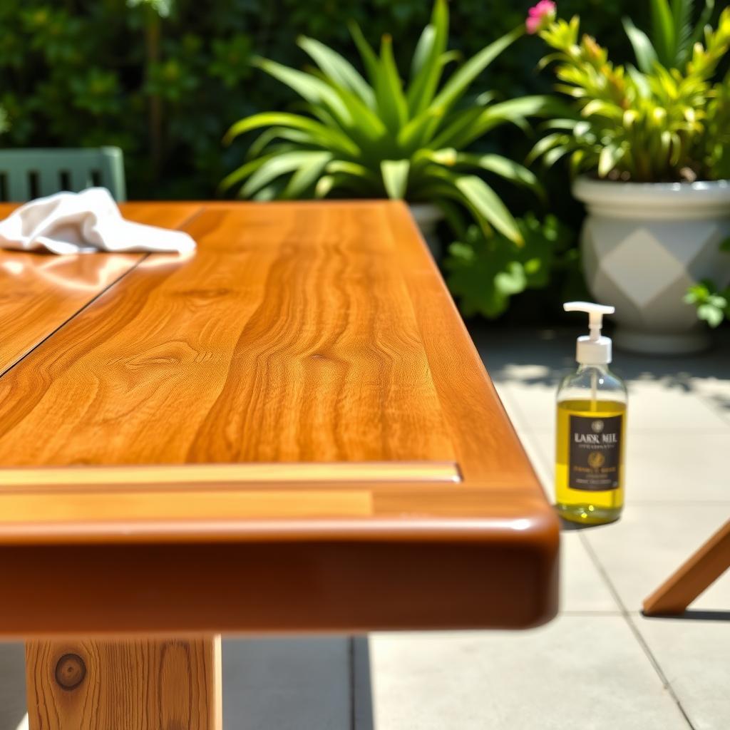 Polished teak outdoor dining table with teak oil and cloth on a sunny patio.