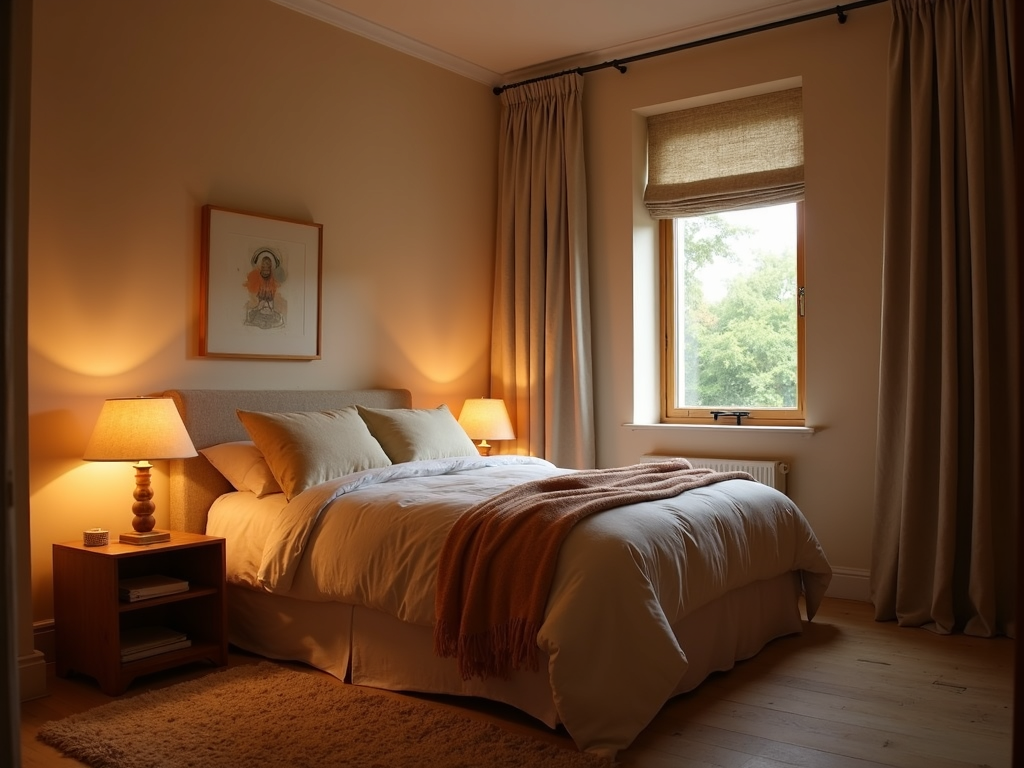 A cozy bedroom with warm lighting and neutral decor.