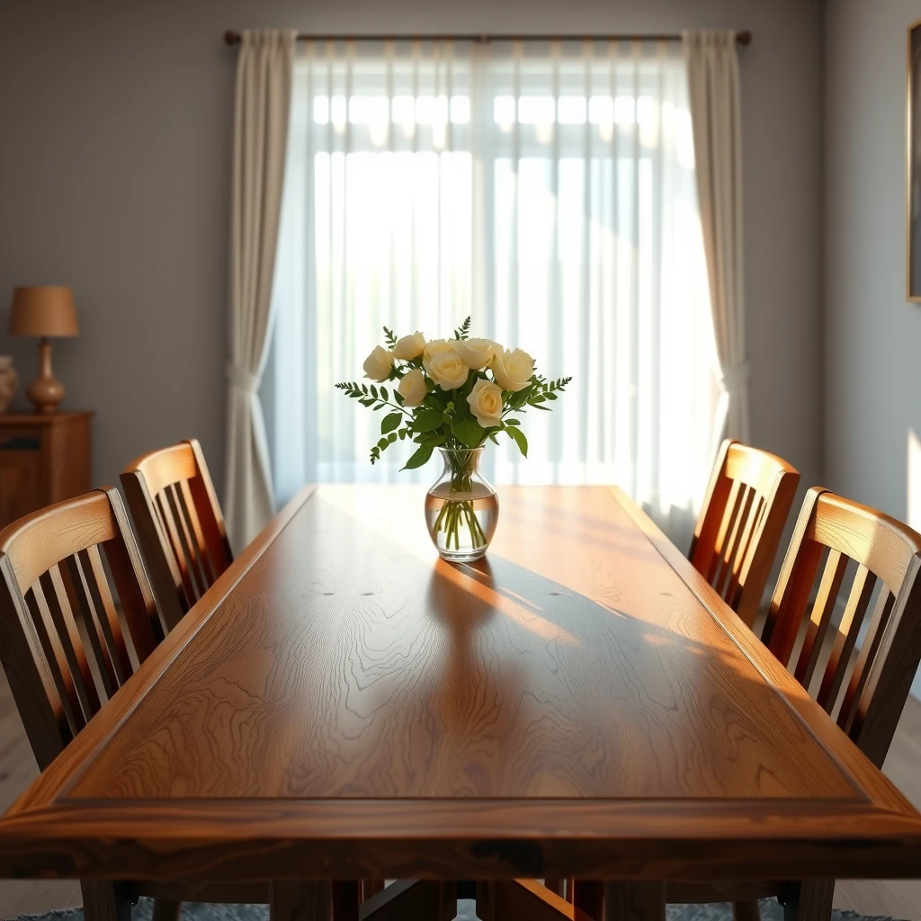 Elegant polished oak dining table in a bright living room