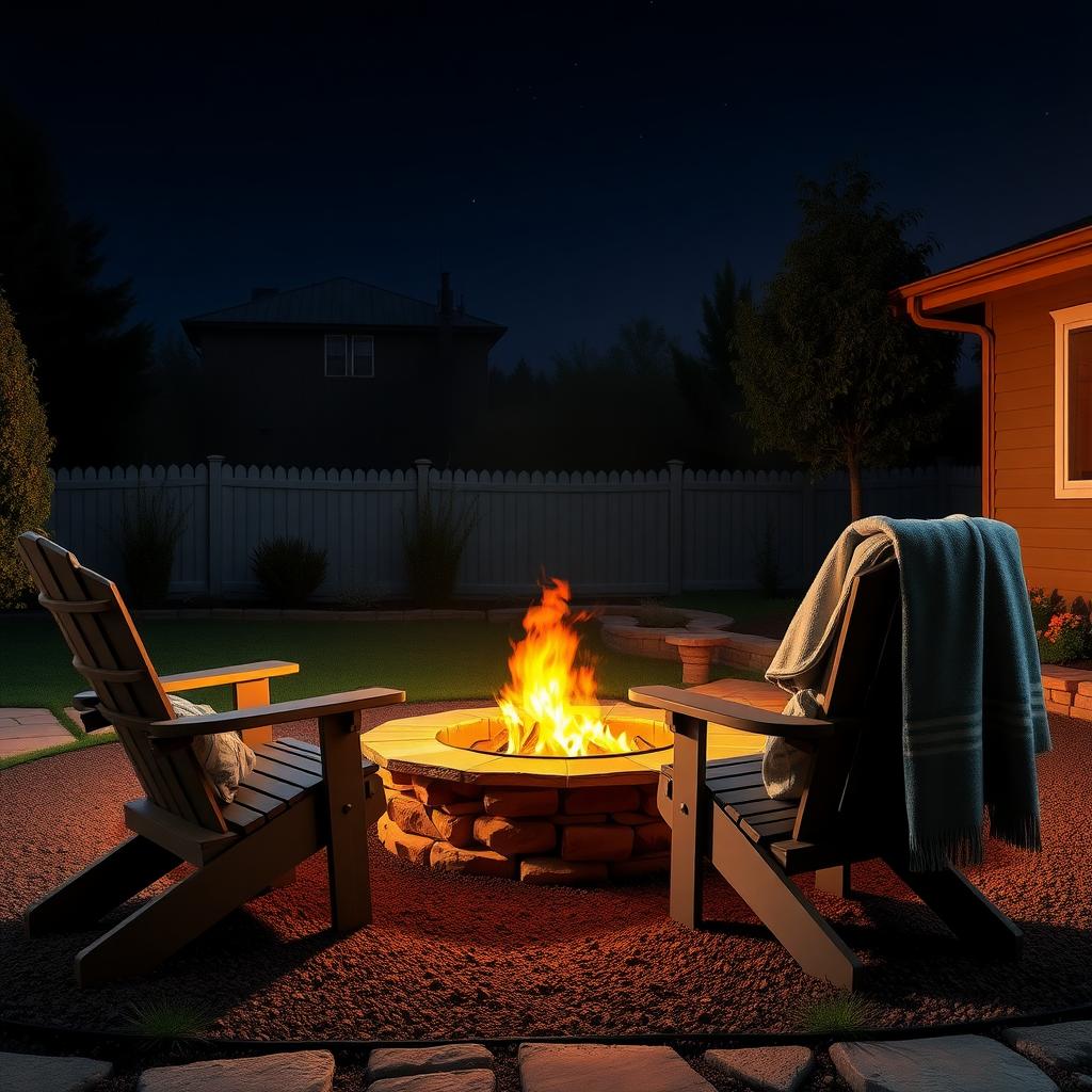 Cozy backyard fire pit with Adirondack chairs, burning fire, blanket, and starry sky.