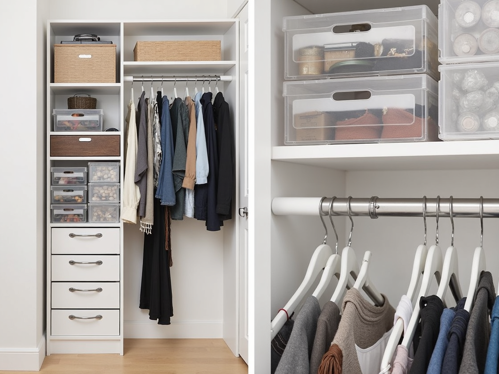 A closet with efficient storage solutions, including a double hanging rod and clear storage bins.