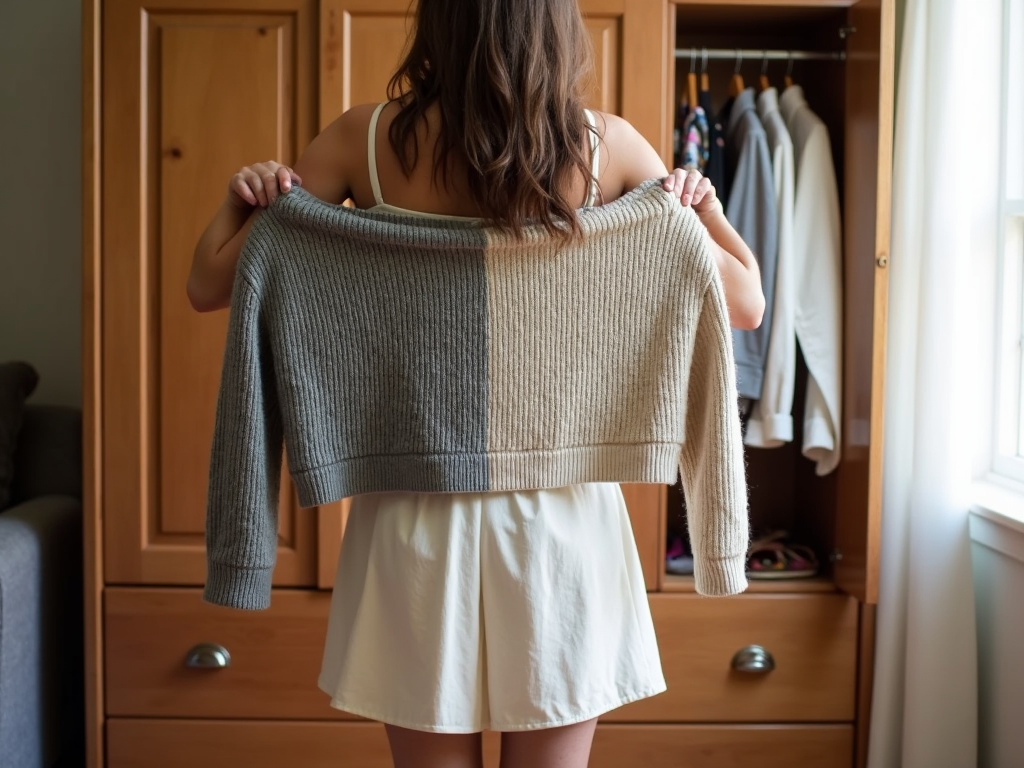 Mixing seasonal wardrobe essentials from an armoire.
