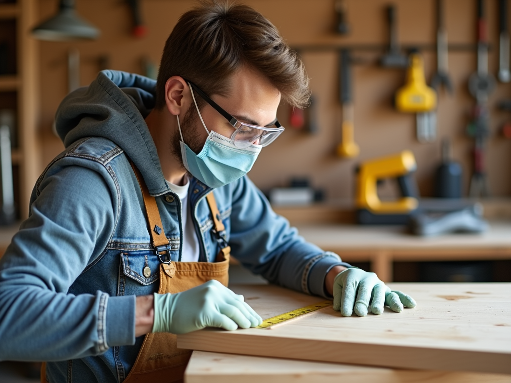 DIY beginner wearing safety gear while preparing to build a bookshelf
