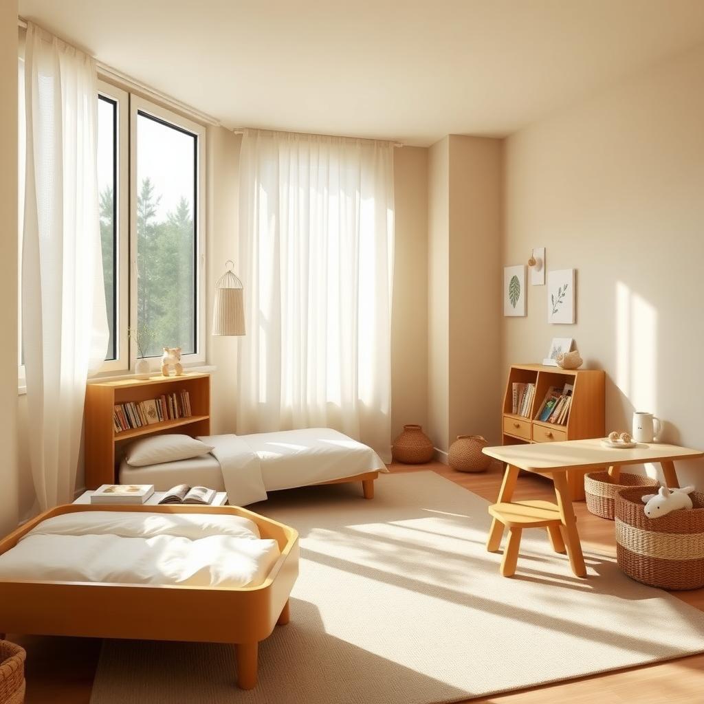 Cozy Montessori-inspired child’s bedroom with low bed, wooden shelf, and natural light