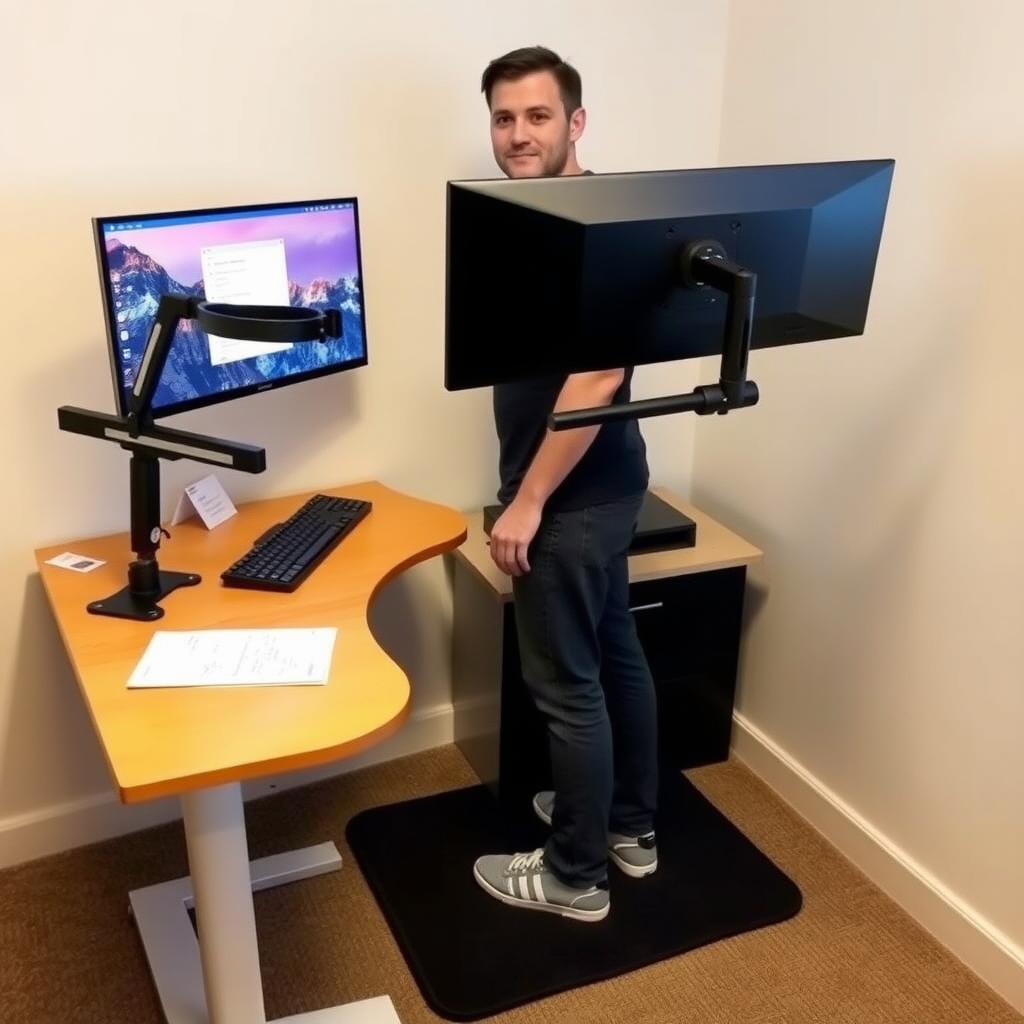 Standing desk setup with ergonomic accessories