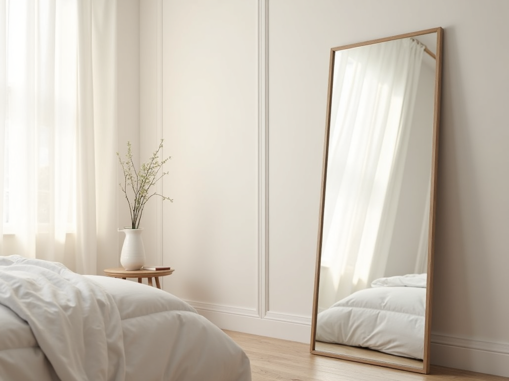 A small bedroom with a mirror and under-bed storage, demonstrating small space design tricks.