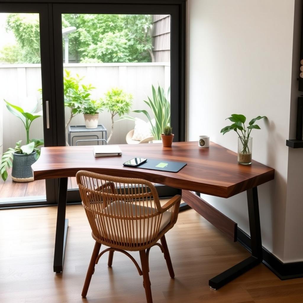 Sleek home office with a smart walnut desk and rattan chair