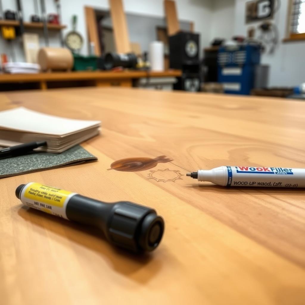Close-up of a wooden table with a scratch and dent, surrounded by neatly arranged repair tools in a bright workshop.