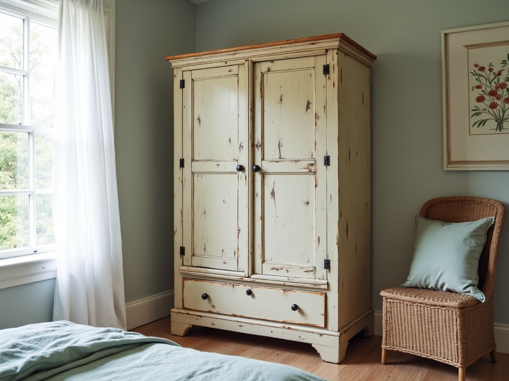 A DIY refurbished rustic armoire with new hardware and a custom paint job.