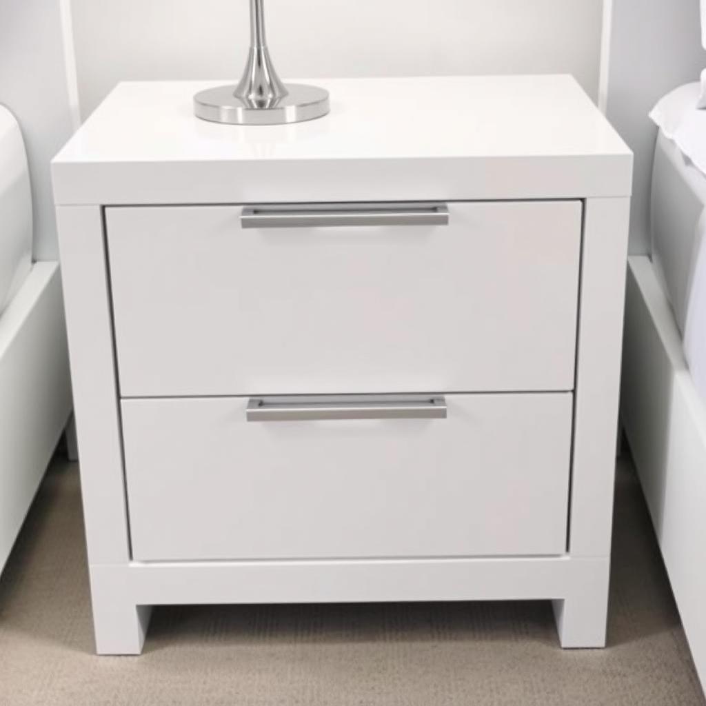 Modern nightstand with high-gloss finish and chrome handles.