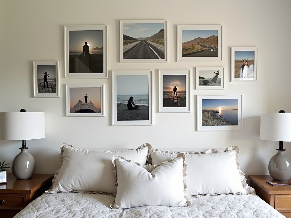 A bedroom wall with a gallery of artwork and photographs.