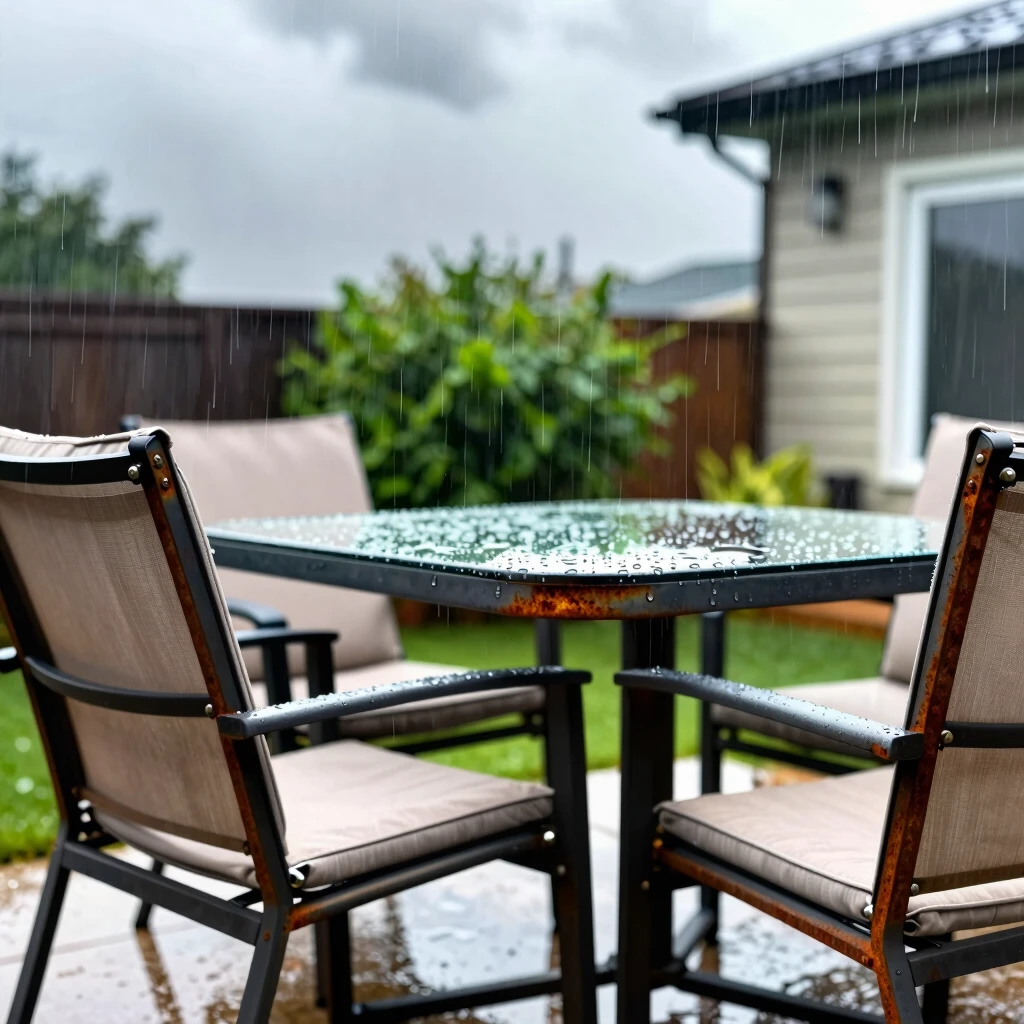All-weather patio dining set enduring a gentle rain shower