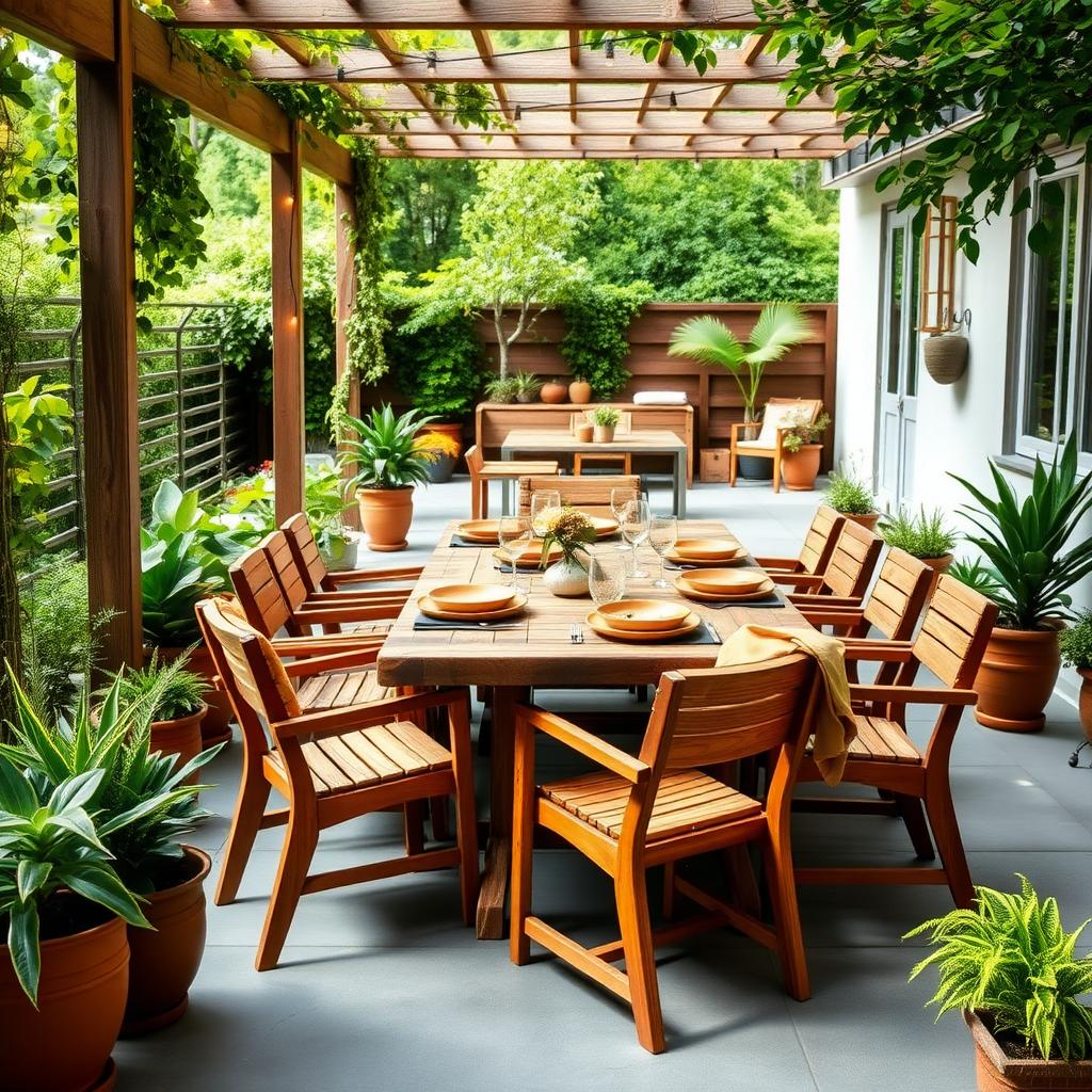 Sustainable patio with reclaimed teak furniture and solar lights