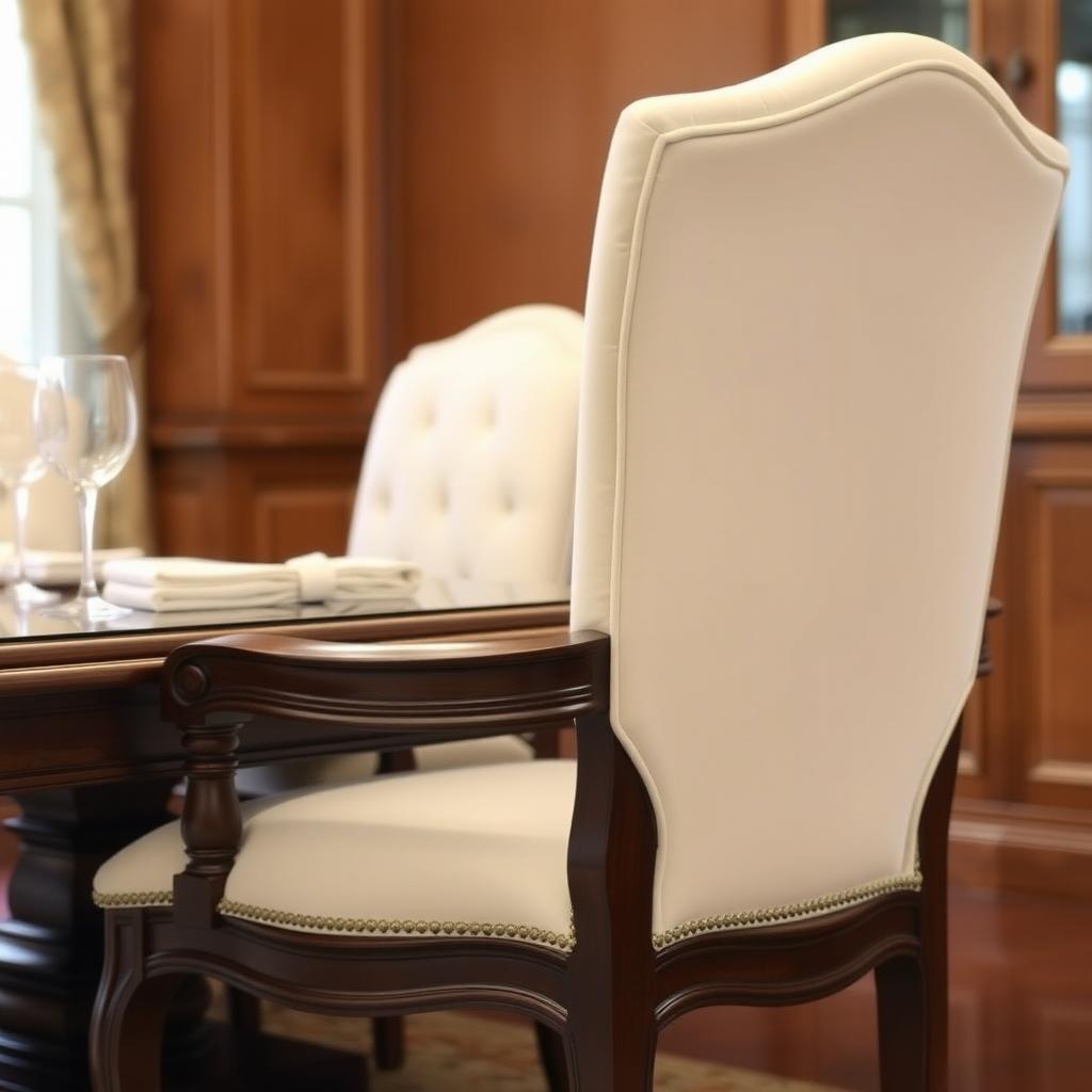 Ivory velvet upholstered dining chair with carved walnut frame next to a polished dining table in a formal dining room.