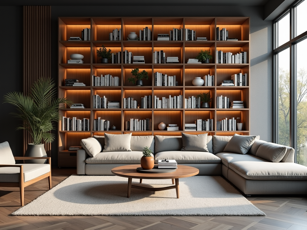 Cozy living room with a stylishly arranged bookshelf.