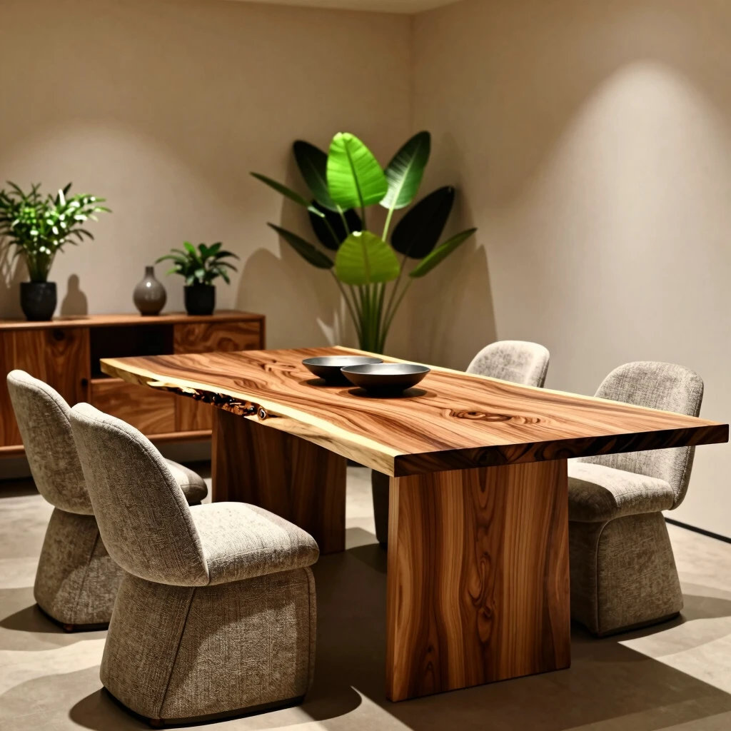 Modern dining room with natural wood elements and earthy tones showcasing 2023 trends
