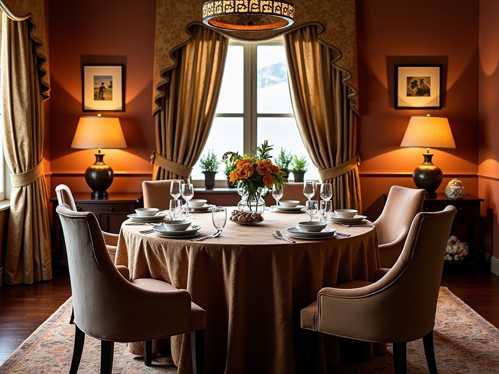 A cozy dining area lit by warm, inviting lighting with a plush rug underneath the table.