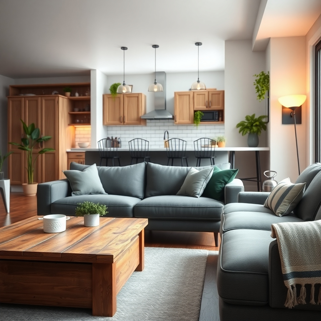 Living room with mixed furniture styles including bar stools
