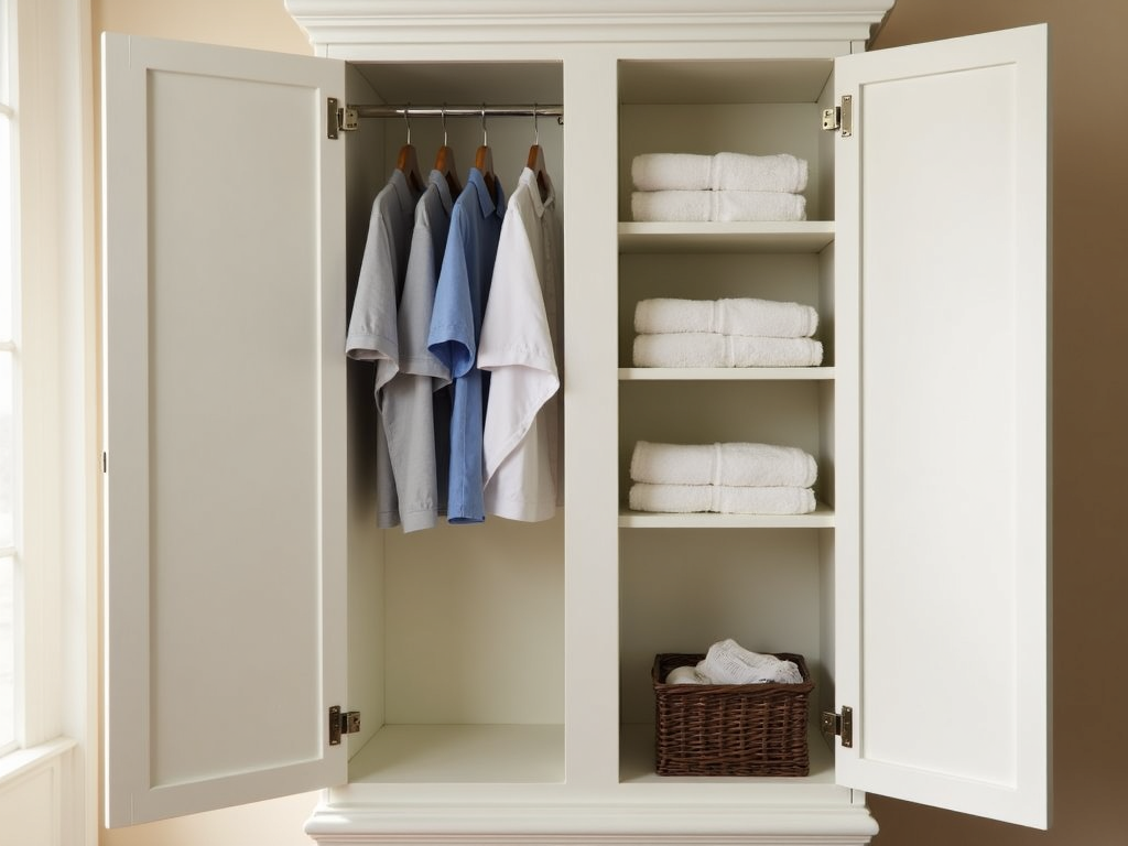 Inside of an organized armoire with shelves and hanging space