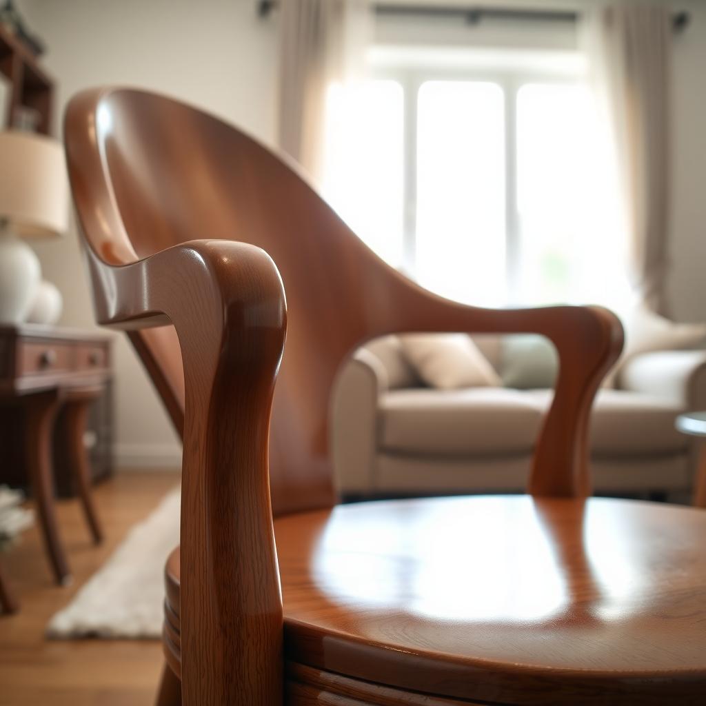 Polished wooden chair with glossy lacquer finish in a cozy living room.