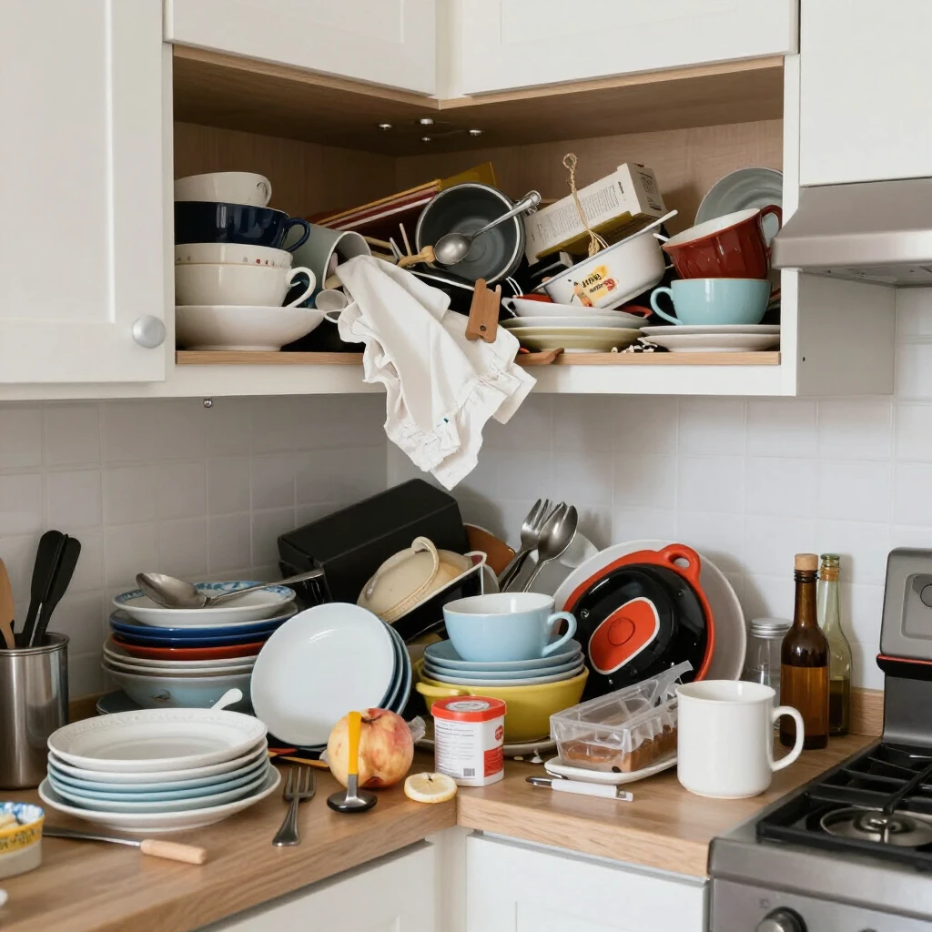 A cluttered kitchen before decluttering, showing overflowing cabinets and messy counters.